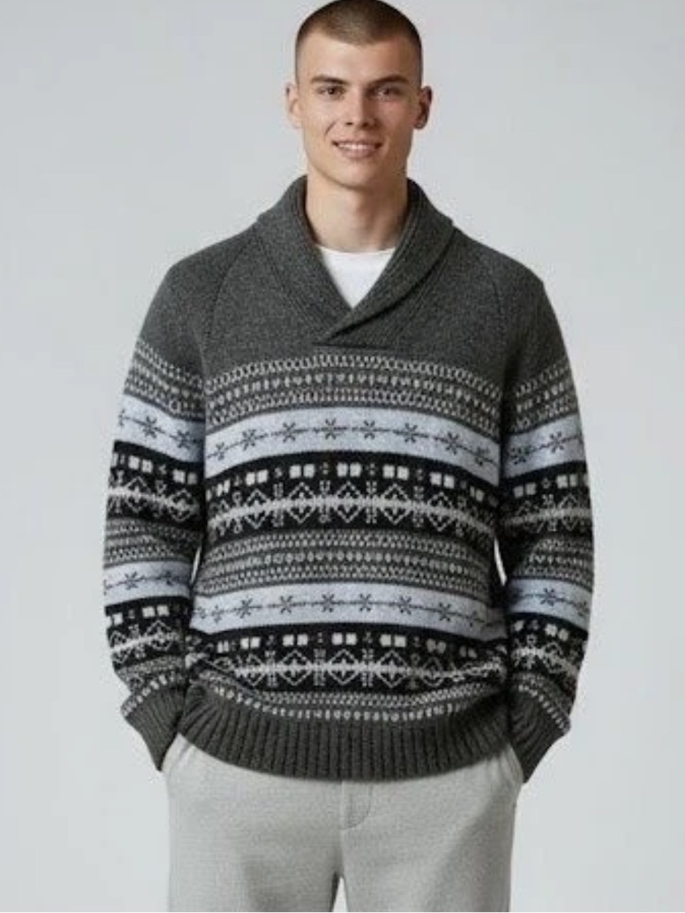 Nautica Wool Blend Gray and Black Nordic Fair Isle Shawl V-Neck Large Sweater